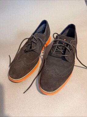 Cole Haan Dark Brown Suede Wingtip Oxfords with Orange Sole